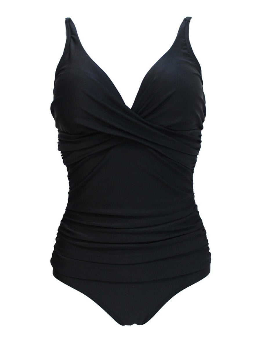 Black Swimsuits Double Strap Backless Sexy One-Piece Bathing Suit ...