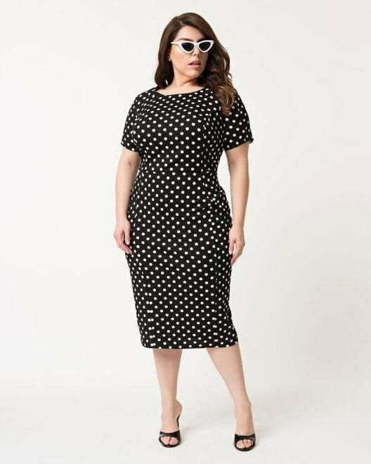 1960s-black-and-white-dress Unique Vintage Plus Size 1960s Black & White Dotted Short Sleeve Stretch Mod Wiggle Dress