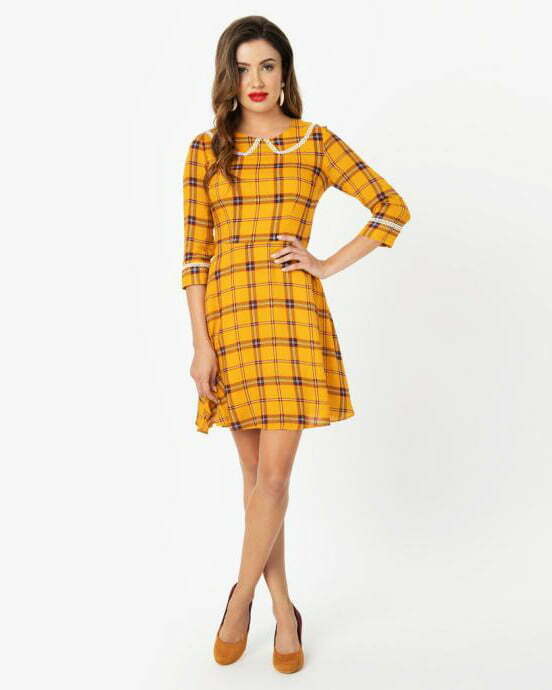 A-line-Vintage-Dress-3 Voodoo Vixen 1960s Mustard Plaid & Ivory Lace Trim Fit & Flare Dress