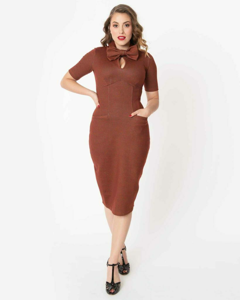 Houndstooth-Dress-2 1960s Style Rust & Black Houndstooth Audrey Wiggle Dress