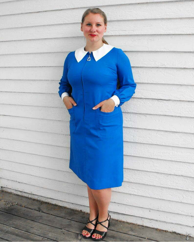 Mod-Dress-3 60s Mod Dress Blue Zipper White Collar Vintage L XL
