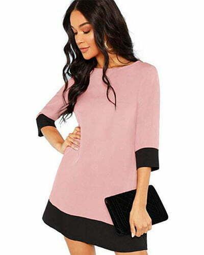 Shift-Dress-1 Floerns Women's 3/4 Sleeve Color Block Shift Tunic Dress