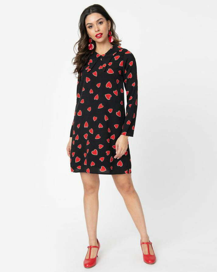 Shift-Dress-2 1960s Style Black & Red Heart Print Winged Collar Shift Dress