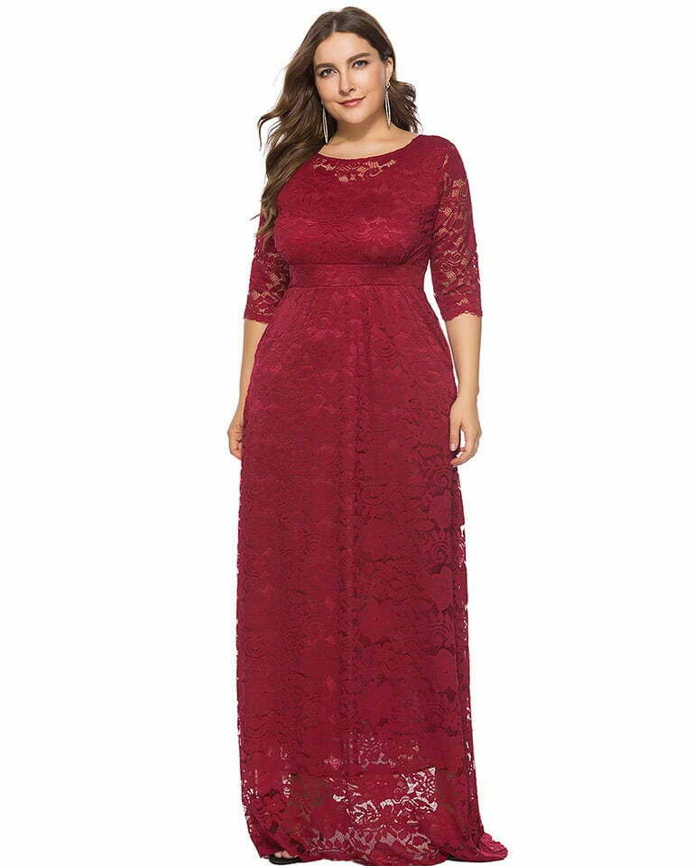 Plus Size Dress O Neck Three Quarters Sleeve Solid Color Lace Maxi Long Dress