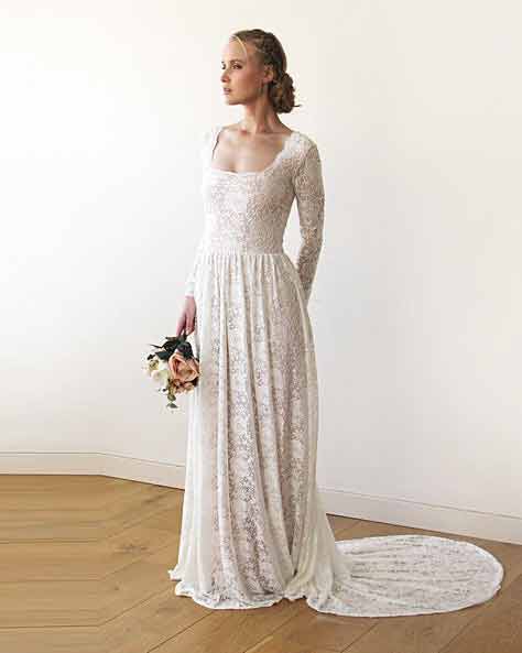Square-Neckline-Vintage-inspired-Wedding-Dress,-Pearl-color-Lace-of-roses-Long-Sleeves-dress Square Neckline Vintage inspired Wedding Dress, Pearl color Lace of roses Long Sleeves dress, Rustic wedding dress 1207