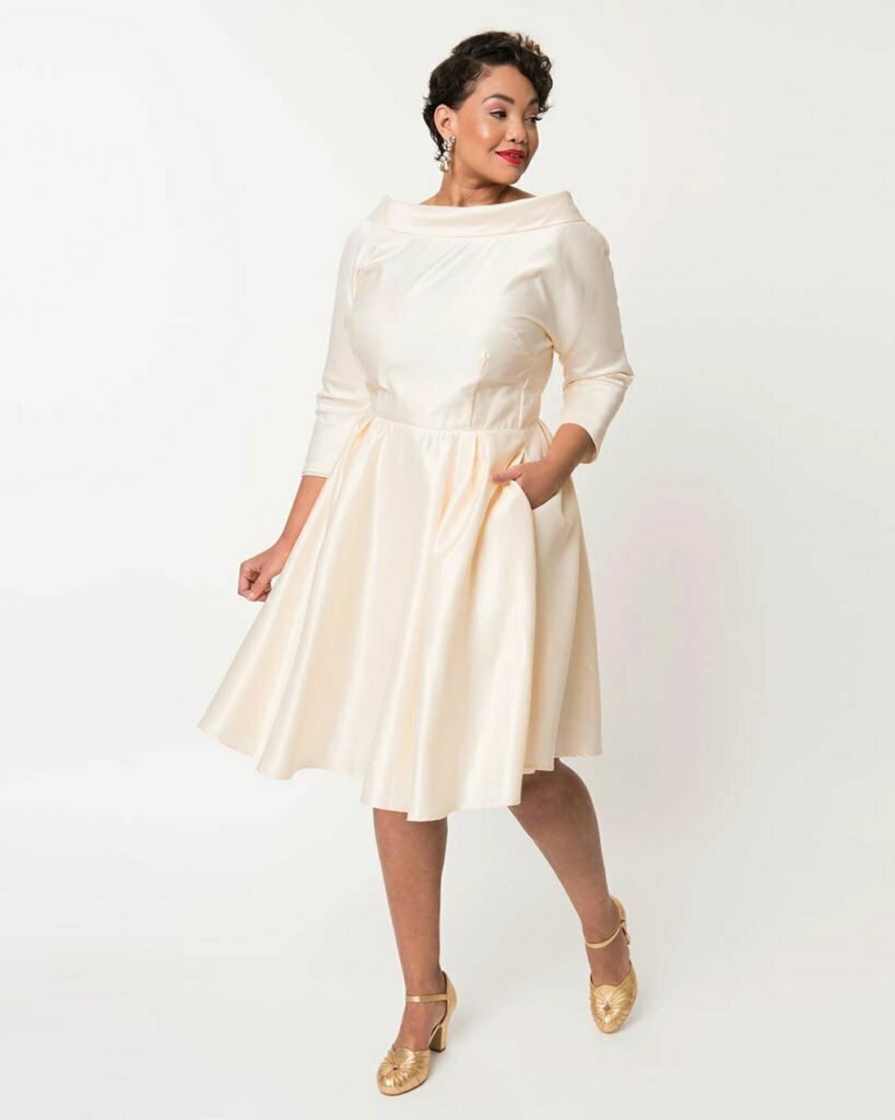 Unique-Vintage-Plus-Size-1950s-Style-Cream-Satin-Sleeved-Lana-Bridal-Dress Unique Vintage Plus Size 1950s Style Cream Satin Sleeved Lana Bridal Dress