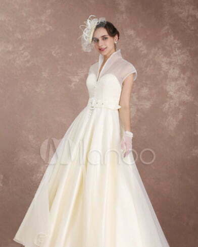 Vintage-Wedding-Dress-Ivory-Short-Bridal-Dress-Detachable-Sash-Organza-High-Collar-Satin-V-Neck-Illusion-1950's-Ankle-Length-Bridal-Gown-Milanoo Vintage Wedding Dress Ivory Short Bridal Dress Detachable Sash Organza High Collar Satin V Neck Illusion 1950's Ankle Length Bridal Gown Milanoo
