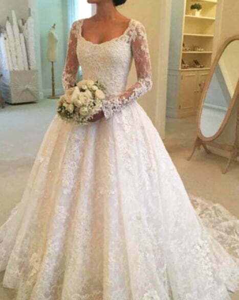 White-Patchwork-Lace-Grenadine-Elegant-Square-Neck-Long-Sleeve-Wedding-Maxi-Dress White Patchwork Lace Grenadine Elegant Square Neck Long Sleeve Wedding Maxi Dress