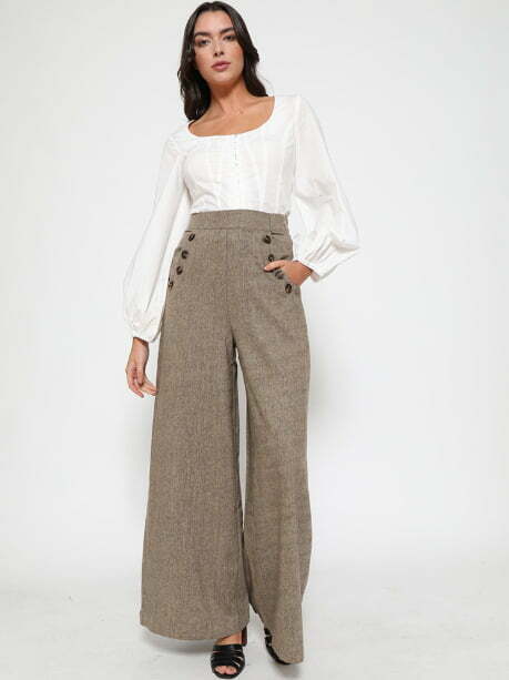 'Adonia' Brown Tweed Wide Leg Trousers