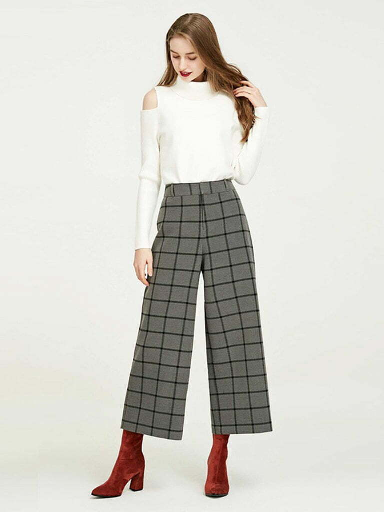 Casual Trousers Simple Plaid Cropped Wide-Leg Pants