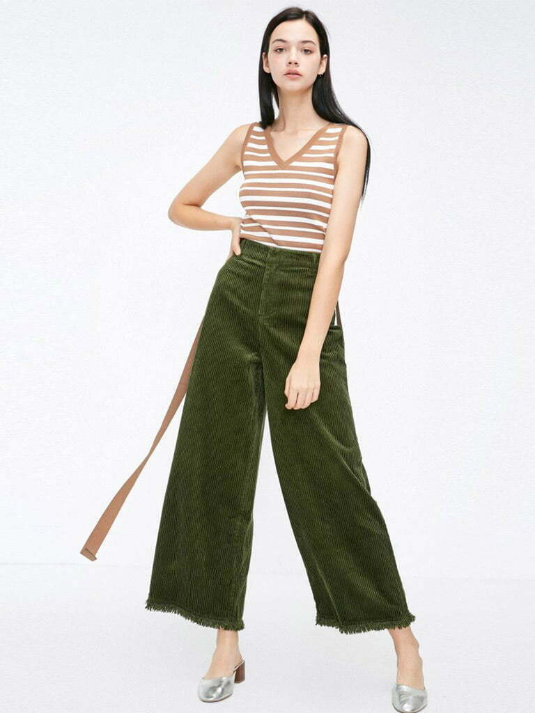 Leisure Raw-edge Cuffs High Waist Wide Leg Cropped Pants