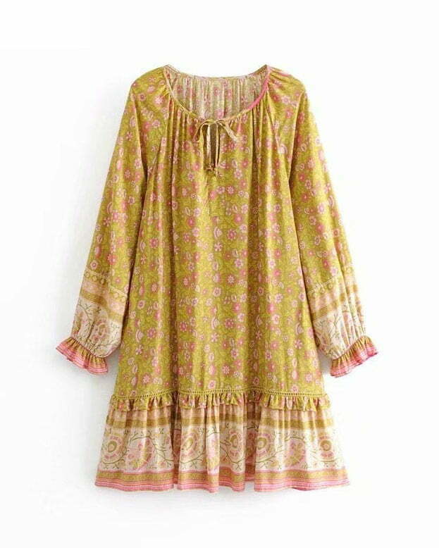 Vintage Chic women floral print o-neck ruffles rayon Bohemian mini dress