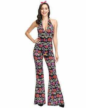 Halloween Carnival Party 60s 70s Retro Hippie Disco Costume Adult Women Vintage Hanging Neck Jumpsuit