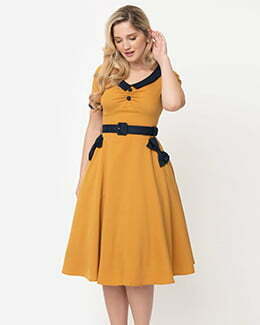 Voodoo Vixen Retro Style Mustard Yellow Maryann Swing Dress