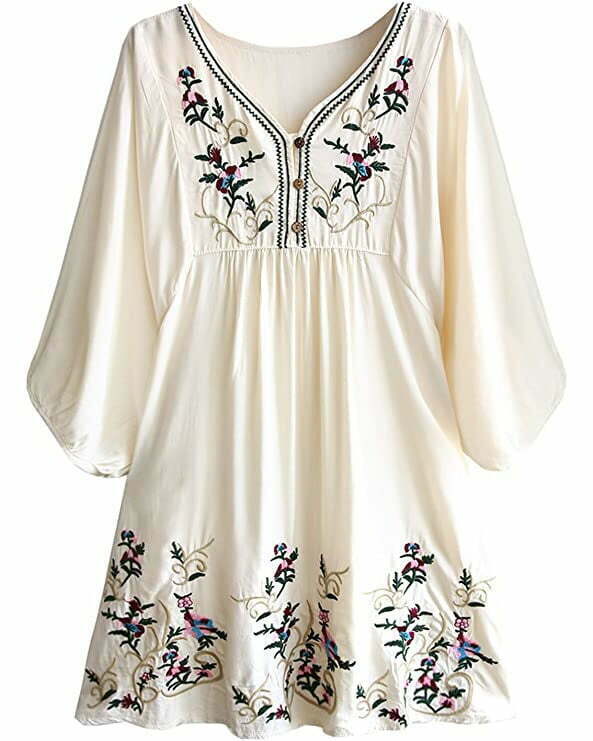 futurino Women's Bohemian Embroidery Floral Tunic Shift Blouse Flowy Mini Dress