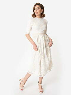 Vintage Style Antique Ivory Embroidered Lace Modest Midi Dress