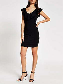 Black V frill neck mini bodycon dress