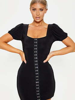 BLACK SLINKY HOOK & EYE PUFF SLEEVE BODYCON DRESS