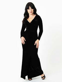 Unique Vintage Black Velvet Sleeved Warner Faux Wrap Dress