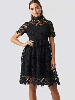 High Neck Short Sleeve Lace Dress