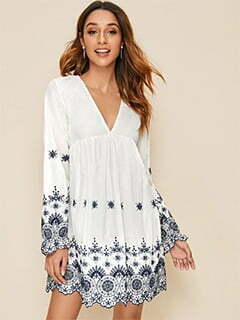 Deep V-neck Floral Embroidered Dress