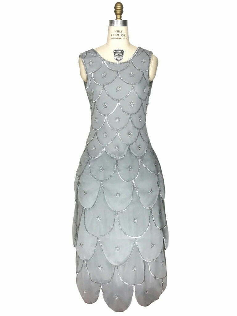 1920S BEADED CRINOLINE PARTY DRESS - THE DECO SCALLOP - SILVER GREY