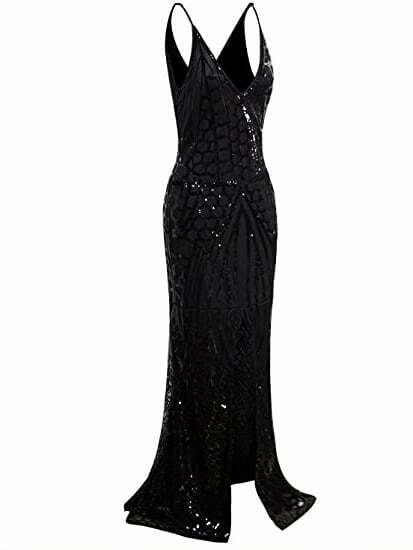 VIJIV 1920s Long Slit Prom Dresses Deep V Neck Sequin Mermaid Bridesmaid Evening Dress