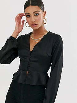 Missguided button through satin peplum blouse in black