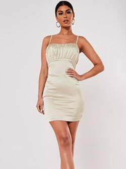 cream stretch satin ruched bust mini dress