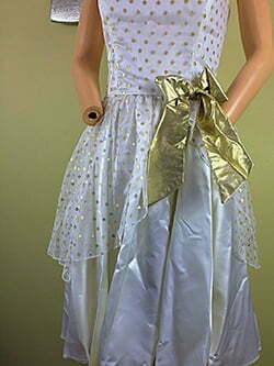 Vintage 80s Party Prom Gold Metallic Polka Dot Peplum Bows Punk Satin Dress S