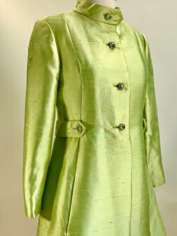 Vintage 1960s Satin Shantung Dressy Coat//Rhinestone Buttons//1960s Apple Green Mod Coat
