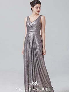 Grey Sequin Vintage Sleeveless V-neck Bridesmaid Dress