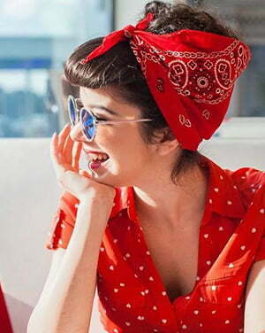 a woman with red blouse