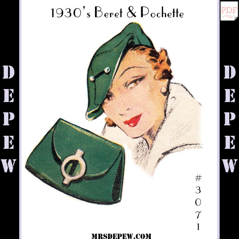 Vintage Sewing Pattern 1930s Beret Hat & Bag PDF Depew 3071 image 0