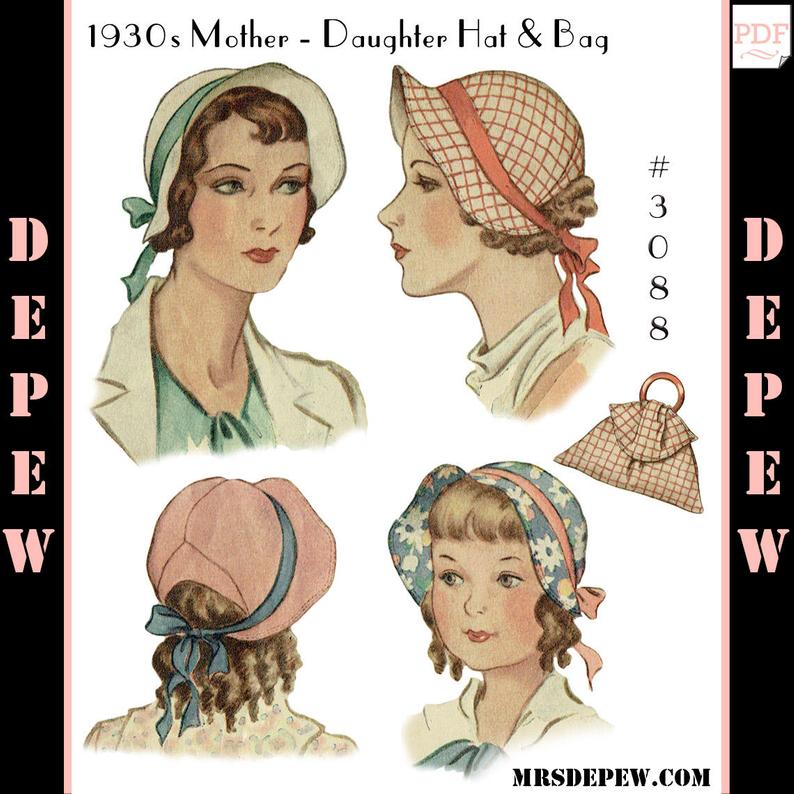 Vintage Sewing Pattern 1930s Mother Daughter Hat & Bag PDF image 0