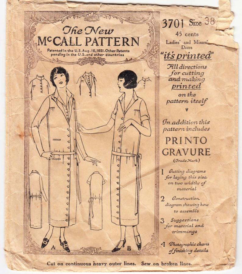 Vintage Sewing Pattern 1920s Ladies' Dress McCall 3701 image 0