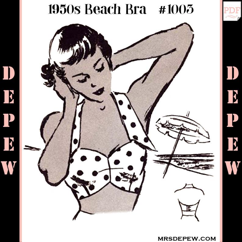Vintage Sewing Pattern 1950s Beach Bra Halter Top Multi Size image 0