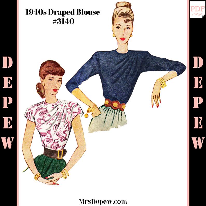 1940s Vintage Sewing Pattern Ladies' Draped Front Blouse image 0