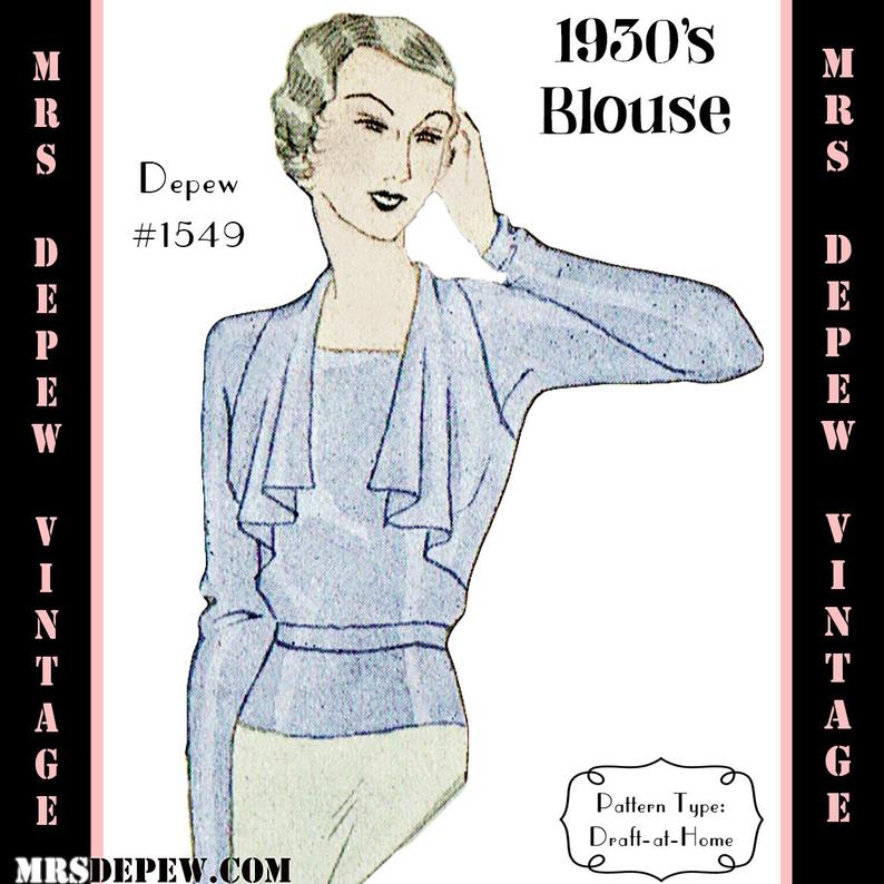 Vintage Sewing Pattern 1930's Blouse in Any Size Depew image 0
