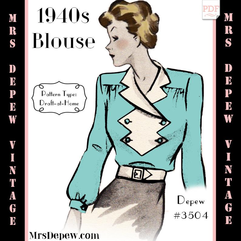 Vintage Sewing Pattern 1930s 1940s Blouse in Any Size Depew image 0
