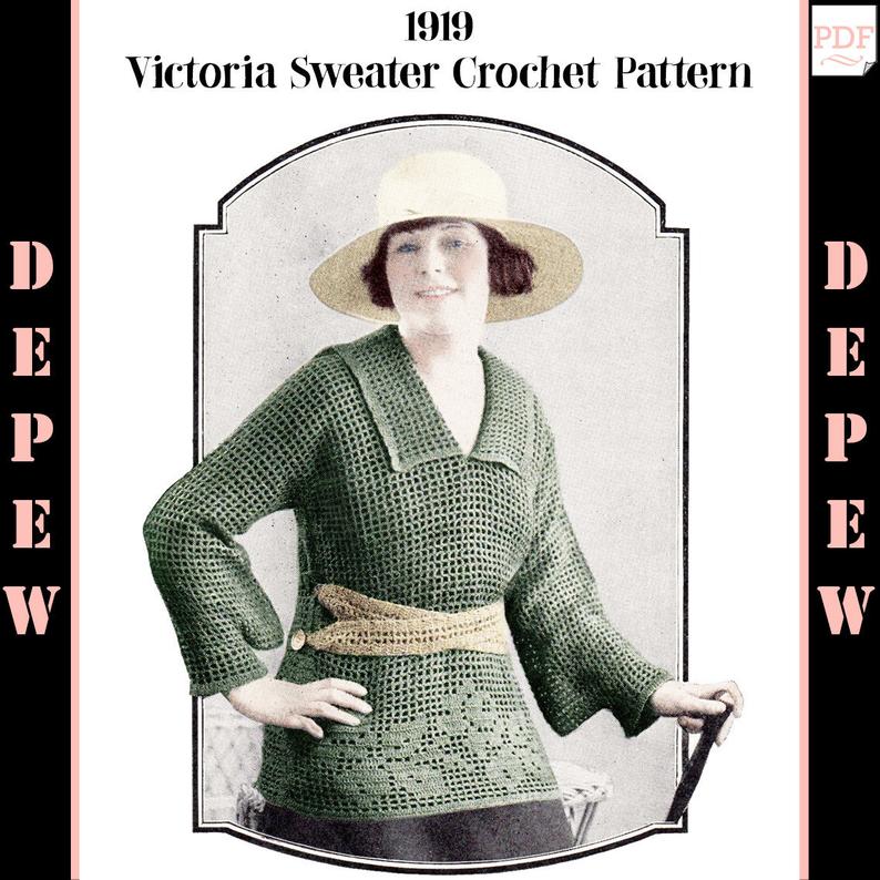 Ladies' Vintage 1910s Collared V-neck Sweater Crochet image 0
