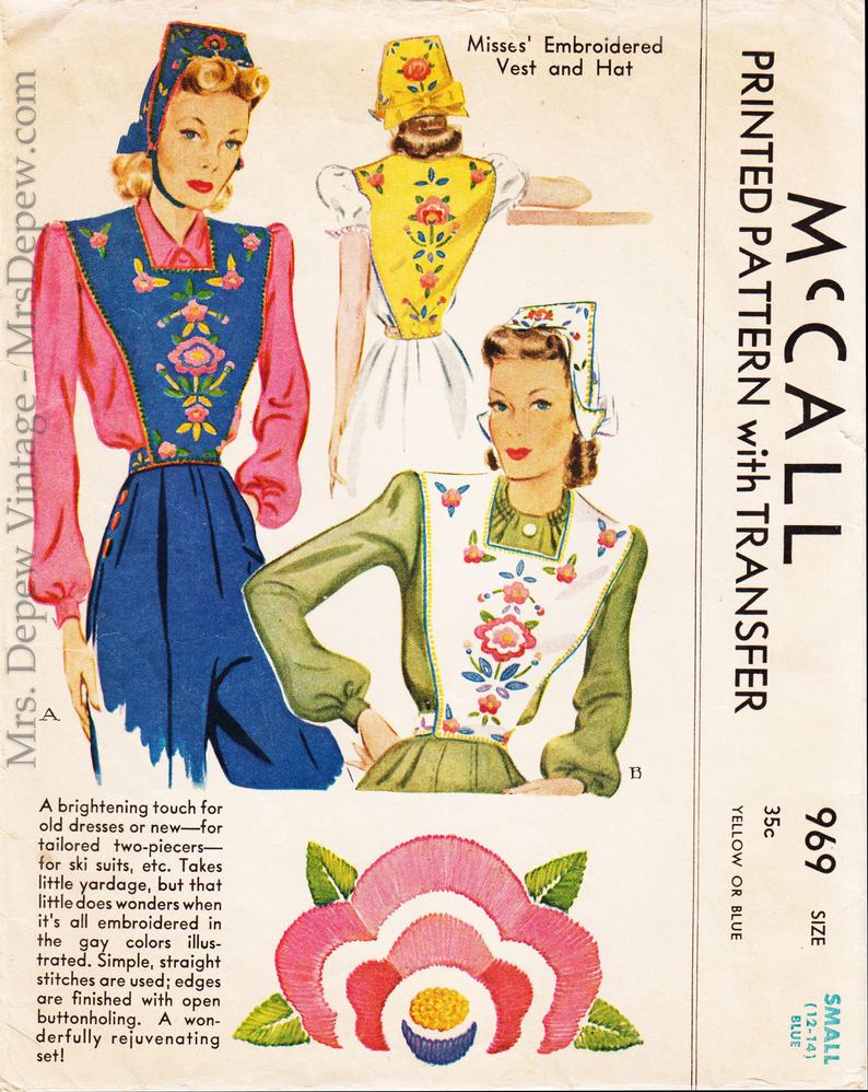 1940s Vintage McCall 969 Sewing Pattern Embroidered Vest and image 0