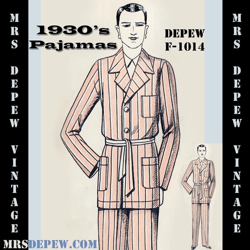 Menswear Vintage Sewing Pattern 1930's French Pajamas for image 0