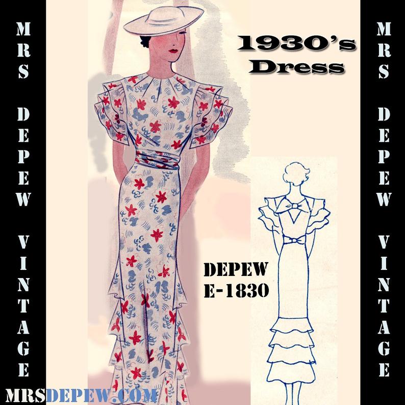 Vintage Sewing Pattern 1930's Dress with Ruffles Any Size image 0