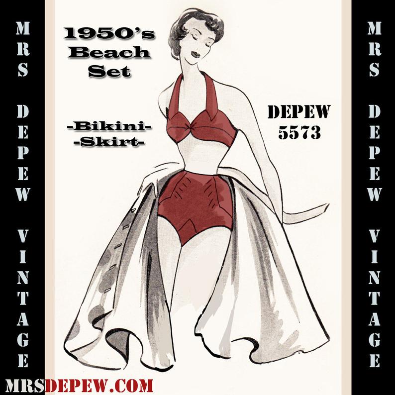 Vintage Sewing Pattern 1950's Bikini and Skirt in Any Size image 0