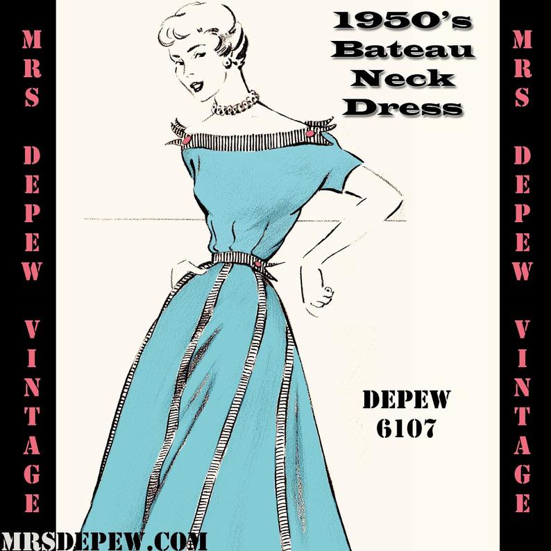 Vintage Sewing Pattern 1950's Bateau Neck Dress in Any image 0