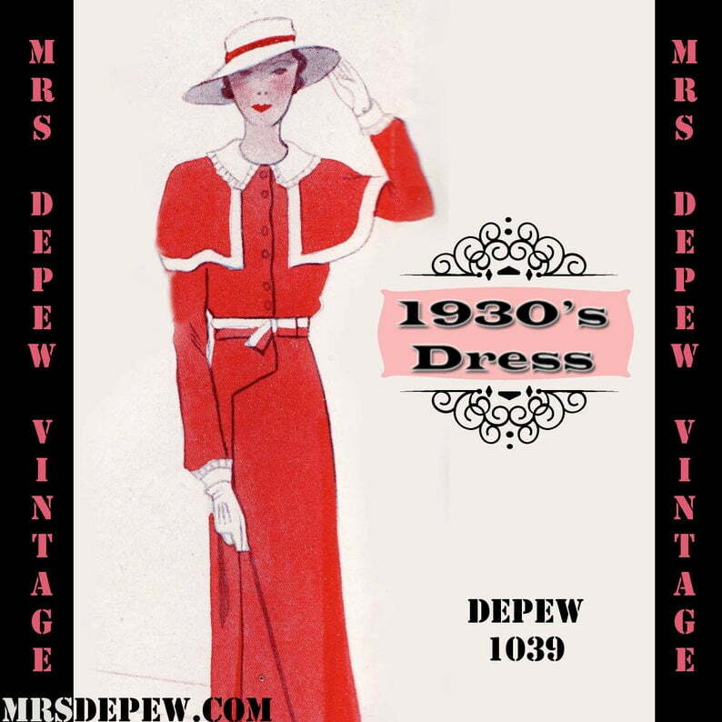 Vintage Sewing Pattern 1930s Dress with Cape in Any Size Depew image 0