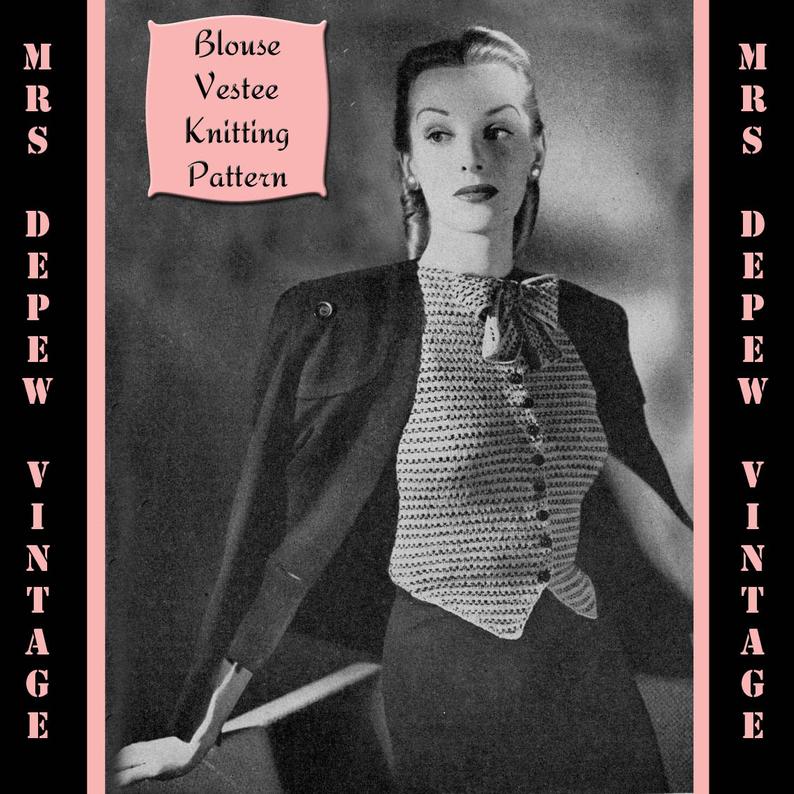Vintage 1940s Ladies' Blouse Vestee Knitting Pattern image 0