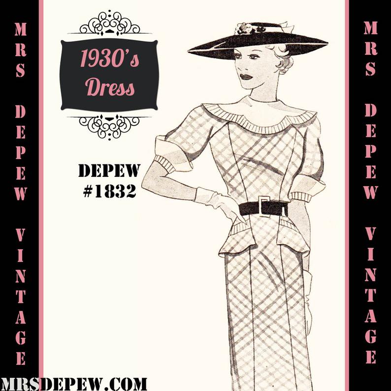 Vintage Sewing Pattern 1930's Dress with Peplum Any Size image 0