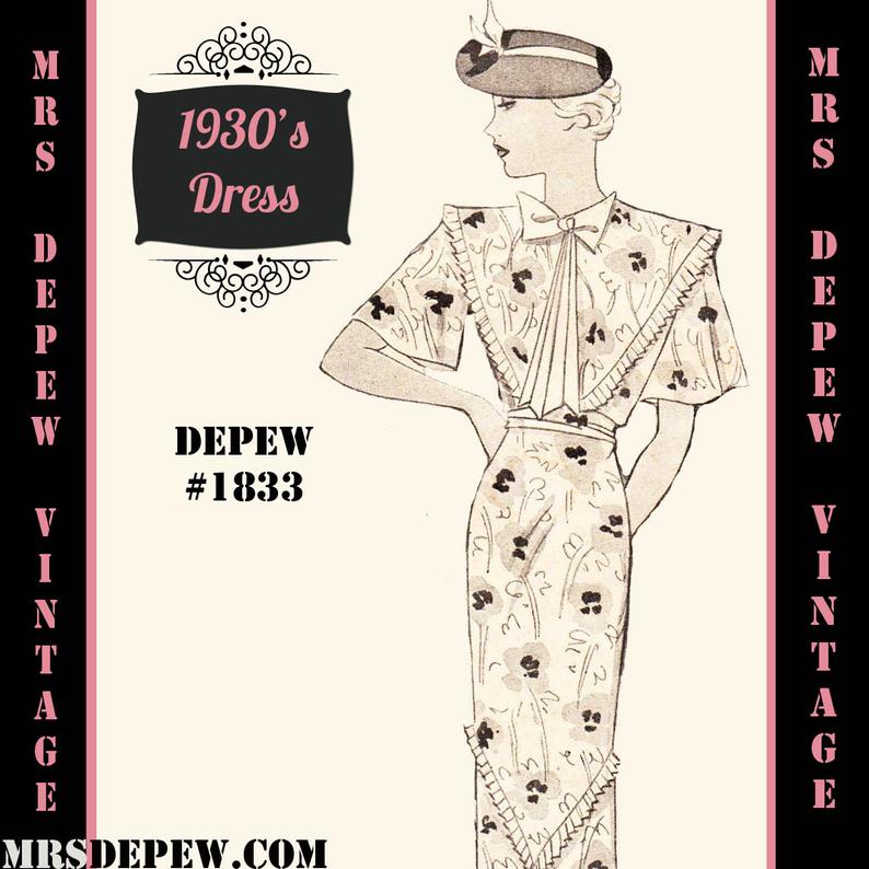 Vintage Sewing Pattern 1930s Short Sleeve Dress Any Size Plus image 0